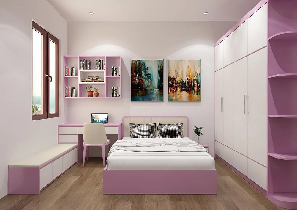 Giường ngủ nhựa Đài Loan màu hồng Pastel có ngăn kéo