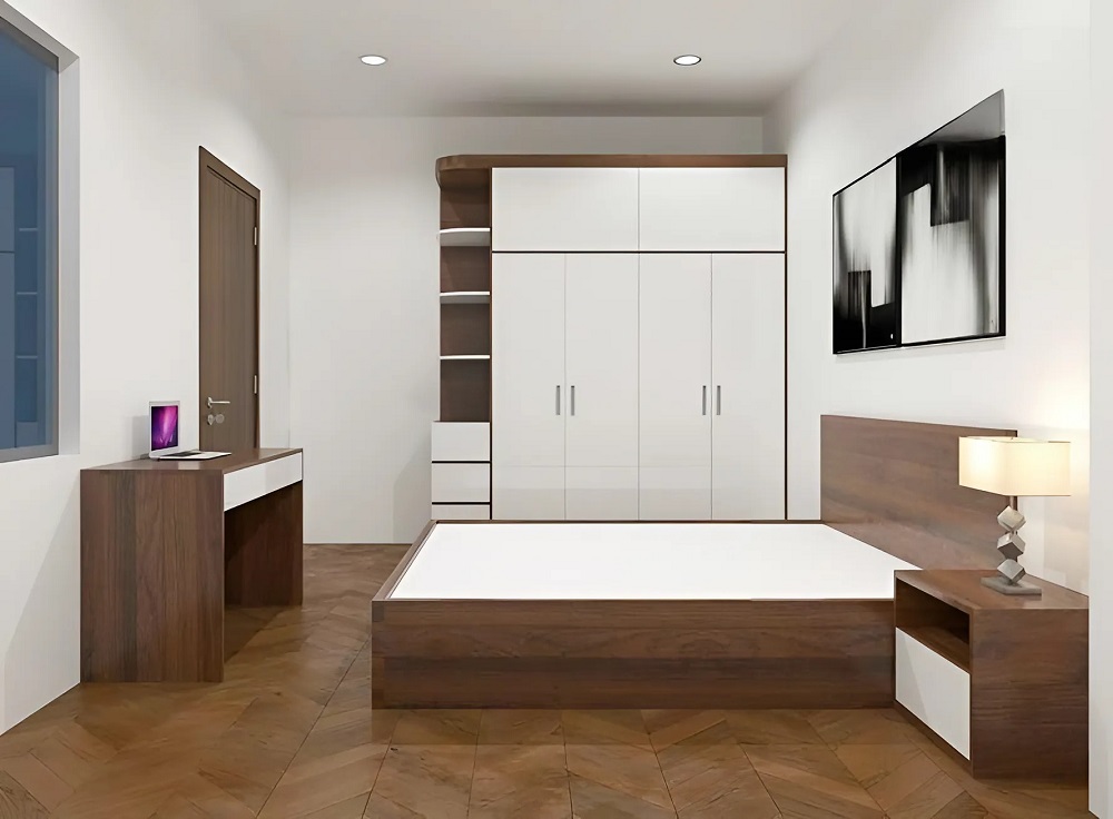 Mẫu nội thất phòng ngủ nhựa cao cấp vân gỗ phong cách tối giản