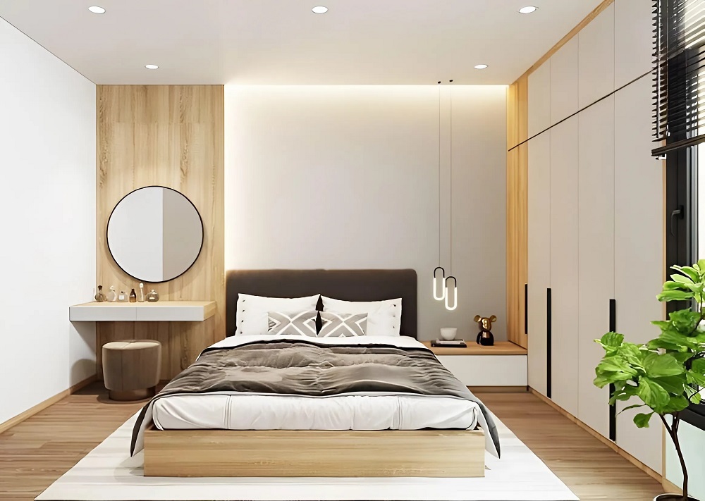Mẫu nội thất phòng ngủ nhựa trắng vân gỗ tối giản
