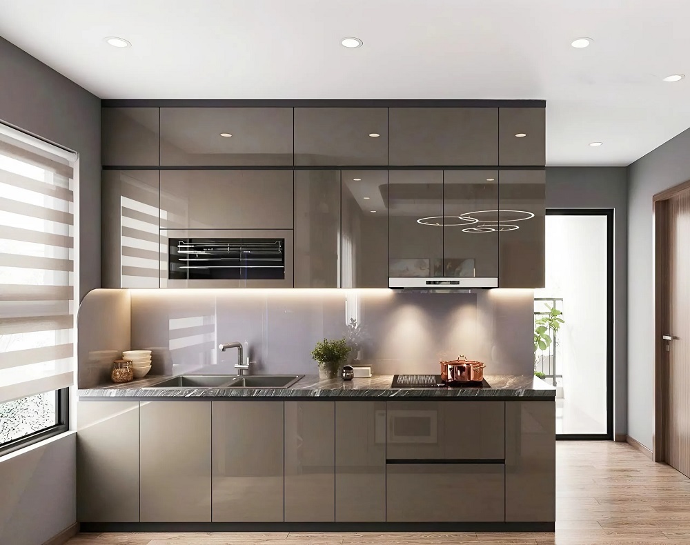Tủ bếp nhựa Acrylic cao cấp chữ I màu xám bóng