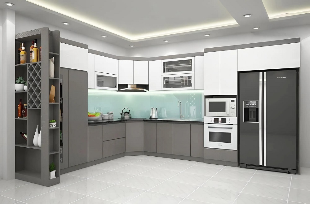 Tủ bếp nhựa cao cấp chữ L mix màu xám trắng