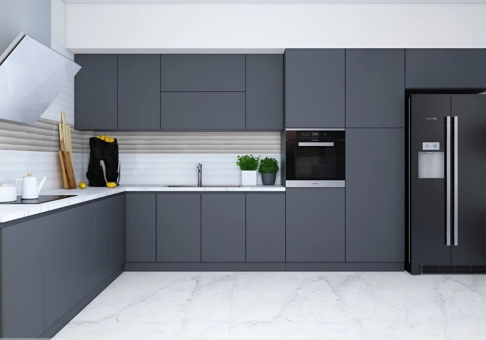 Tủ bếp nhựa cao cấp Greenplast chữ L màu xám đậm phong cách châu Âu